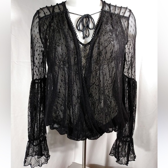 Free People Tops - Free People Long sleeve semi sheer black lace blouse w ruffles at wrist